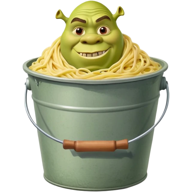 Shrek the green ogre holding a huge oversized bucket overflowing with carbonara pasta emoji