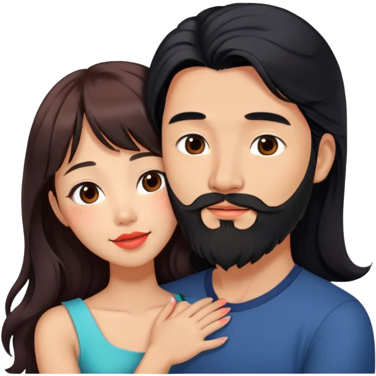 handsome tall asian man with long black hair and beard, hugging cute woman with tan skin and long wavy reddish brown hair with bangs and coral lipstick emoji
