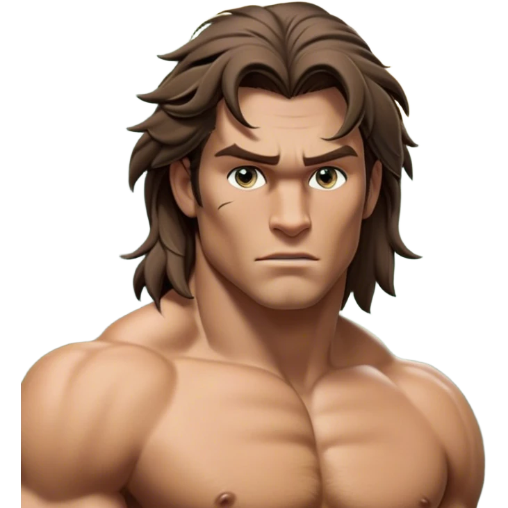 Cinematic Realistic Tarzan Portrait, depicted with lifelike, sun-kissed skin and a robust, muscular form that speaks of raw, untamed power. His piercing, soulful eyes and rugged yet gentle expression are framed by tousled hair, while a backdrop of lush jungle foliage and soft, natural lighting accentuate his primal grace and approachable strength. emoji