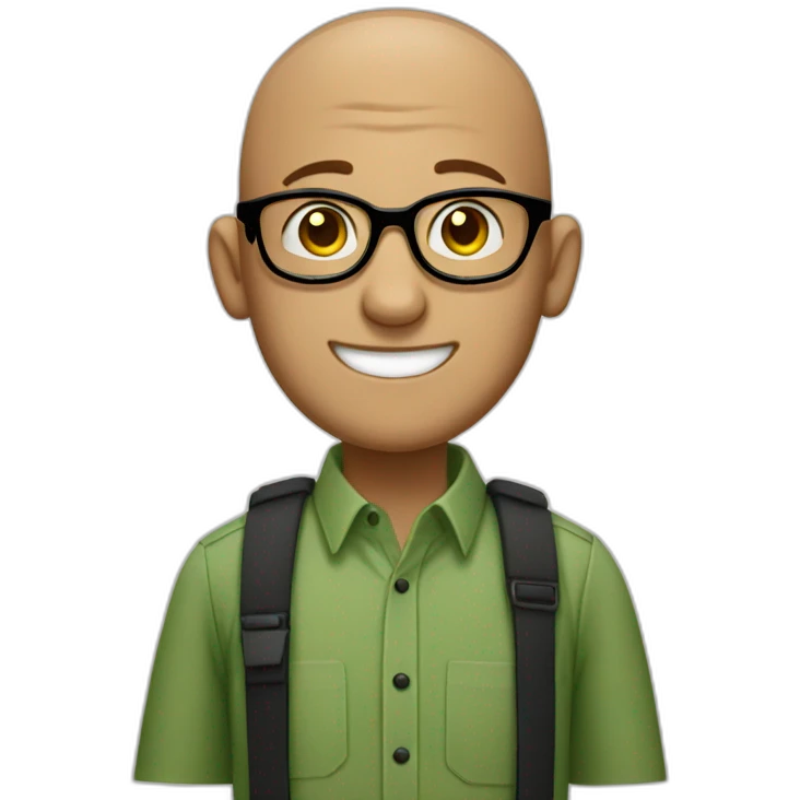 smiling jewish man with shaved head in rectangular black glasses and green button up shirt emoji