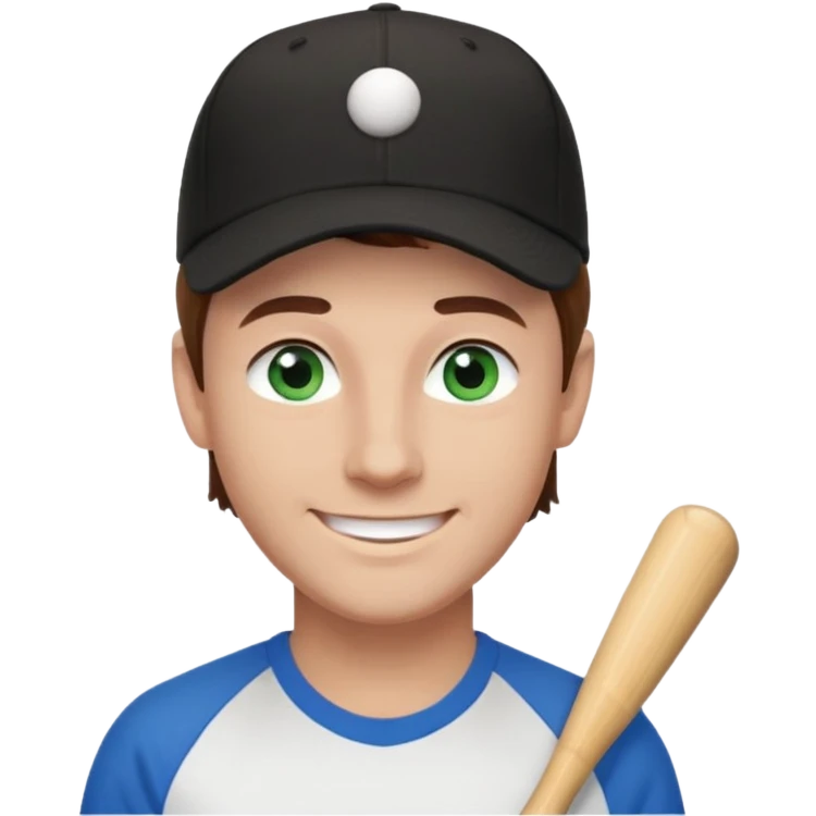 Brown hair man white tshirt black baseball hat green/blue eyes emoji