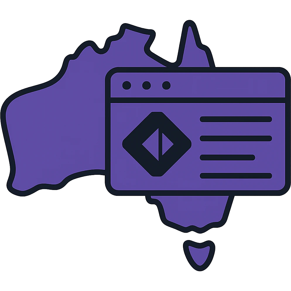 Integrate the official Microsoft Power Pages icon prominently into the map of Australia with digital web page overlay, use #403DAD as the main color, keep the modern and techy look, no text emoji