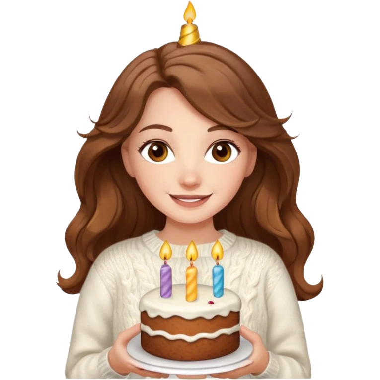 A pretty white girl with hazel brown eyes and long brown wavy hair in a cosy white knit sweater, she is celebrating her birthday emoji