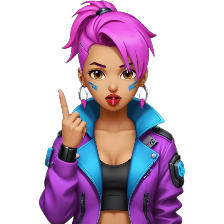 Woman with her tongue out in cyberpunk clothing and giving the middle finger. Looking naughty. emoji