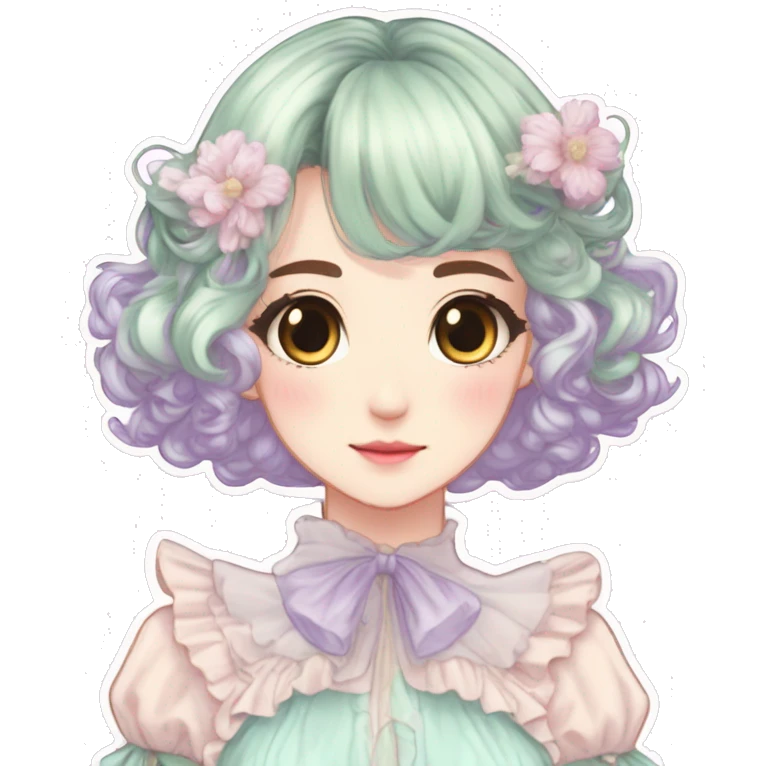 gorgeous pretty attractive anime lady beautiful hair with gorgeous dress fairycore cottagecore pastelcore detailed high quality trending VOGUE aesthetic head and bust sticker emoji