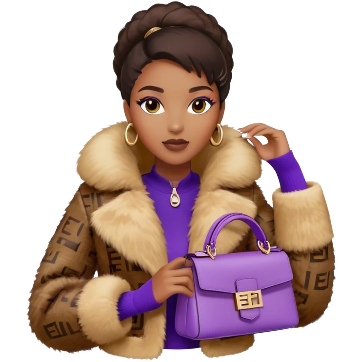 Beautiful black woman wearing a brown monogram Fendi jacket with a fur trim. She is carrying a purple Fendi baguette bag. I want the image to start at her head and end at the chest emoji