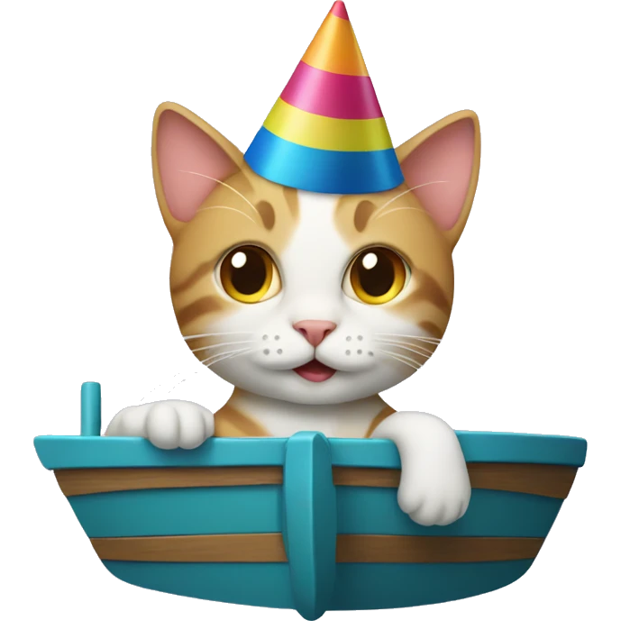 cat wearing a birthday hat on a boat emoji