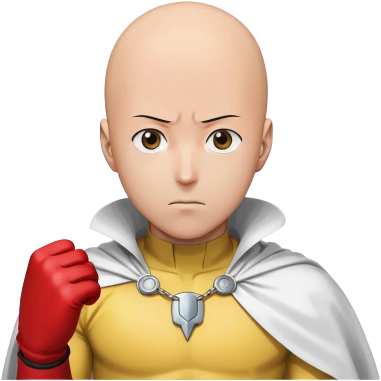 Saitama from One Punch Man, bald head, blank expression, yellow hero suit with white cape, red gloves emoji