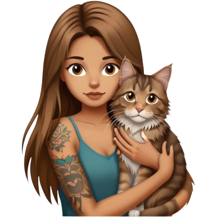 girl with long brown  straight hair and tattoos and a tabby Maine coon cat emoji