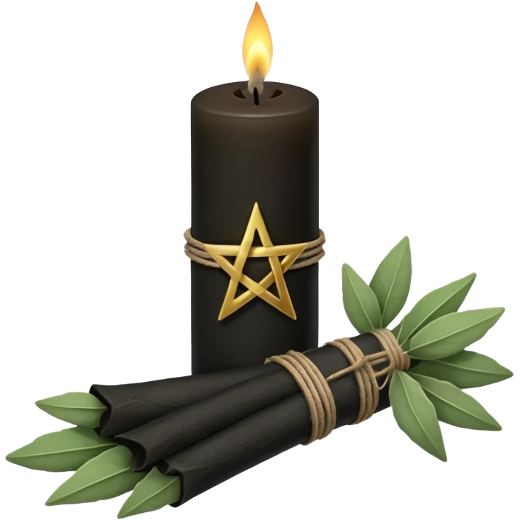 Black candle with a pentacle on it next to a bundle of sage emoji