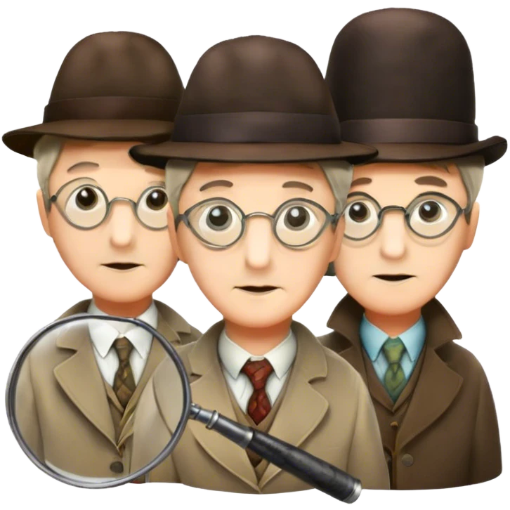 Icon for Detective Movies: A colorful collage with Sherlock Holmes, Miss Marple, and Pinkerton. Include magnifying glasses, clues, and detective tools. The design should evoke mystery and intrigue, with a classic detective movie feel. Transparent background. emoji
