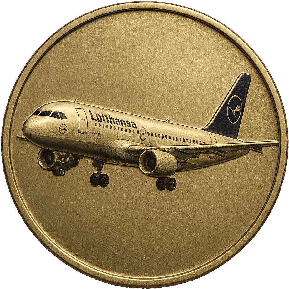 shiny coin front side with embossed passenger airplane resembling an Airbus in Lufthansa colors, clear contours, metallic surface emoji