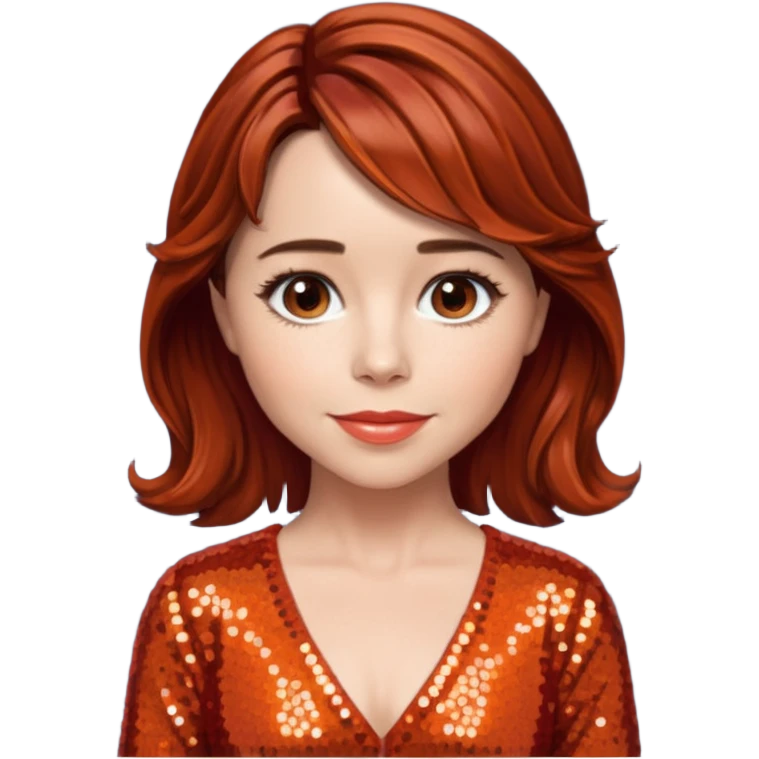 Linda Cardellini with reddish brown hair, red-orange sequin outfit emoji