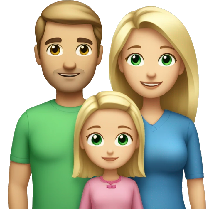 Family of 3. Dad with brown hair and blue eyes, mom with short blonde hair and green eyes, 4 year old daughter with long blonde hair and blue eyes.  emoji