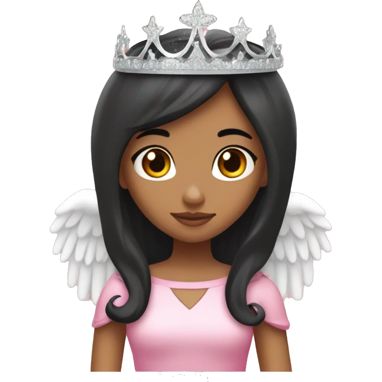 Princess with angel halo with long black hair with bang with silver pink heart tiara and pink dress emoji