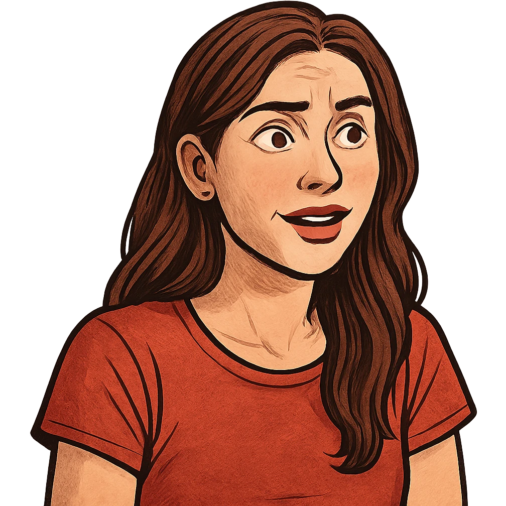Change her facial expression to very match, looking impressed and interested, in the same style as the reference image. emoji