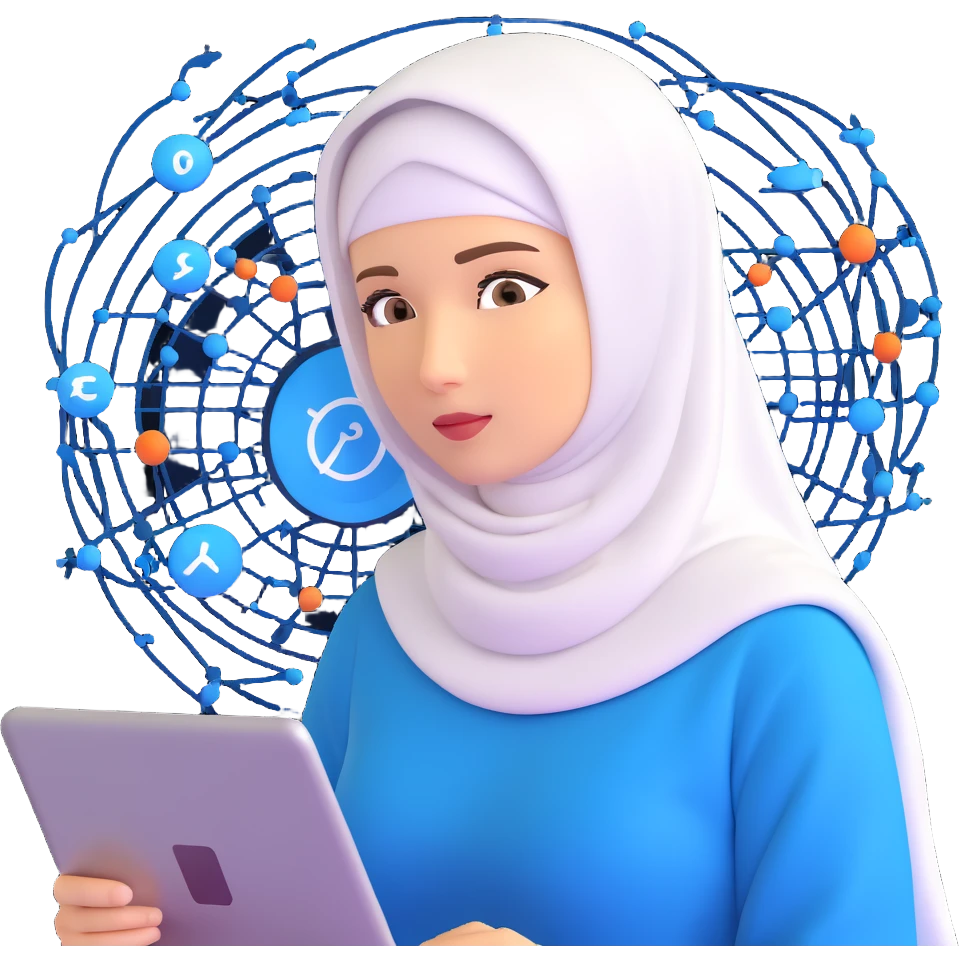 woman with white hijab in blue outfit, looking forward, with programming code, algorithms, binary data flows, software development tools, database structures, coding syntax highlighting, computer science symbols, and computing diagrams surrounding her emoji