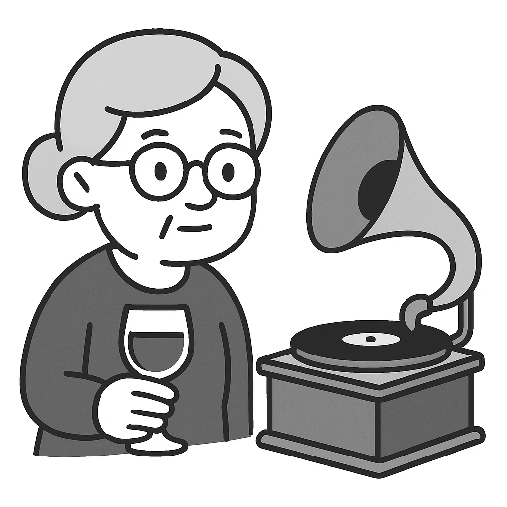 old lady with wineglass listening to gramophone emoji