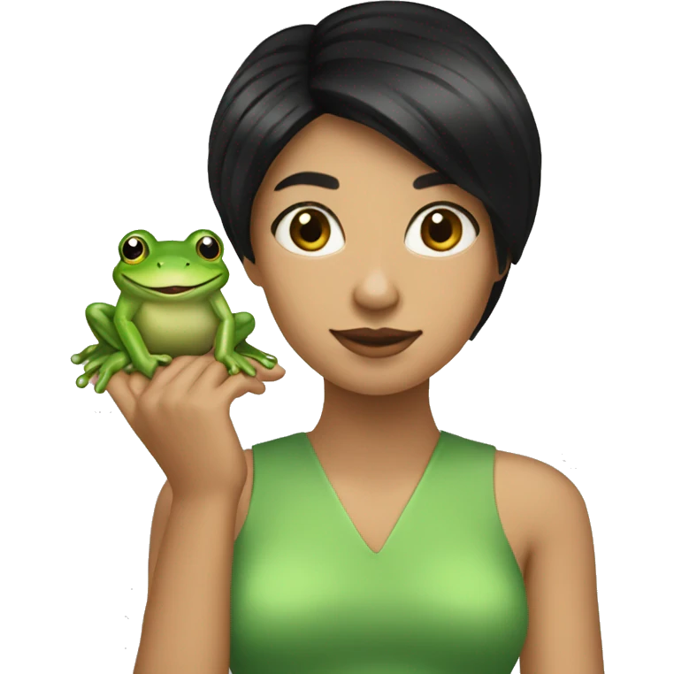 create a woman with straight, black hair with a frog in her hand emoji