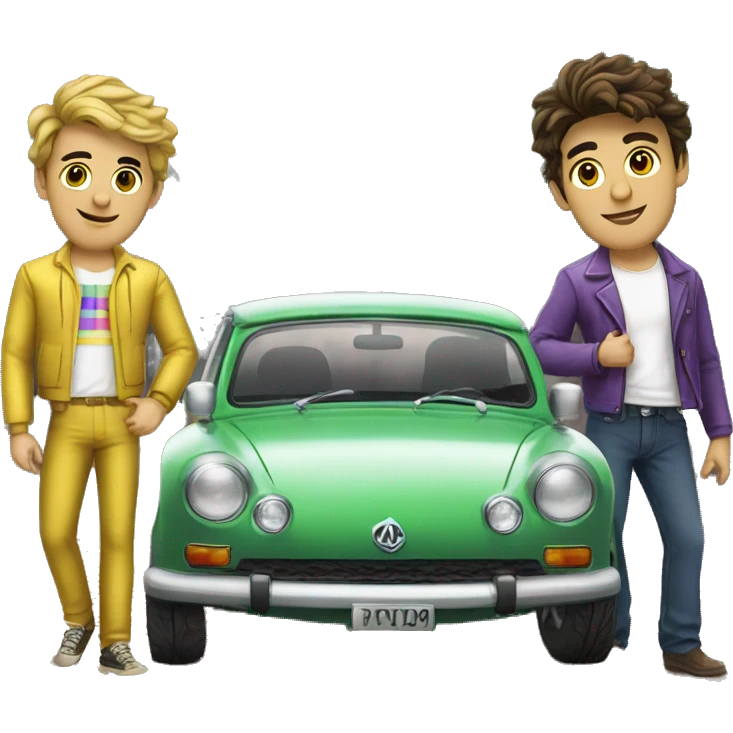 gay guys, one Brazilian and the other French, with MG4 car emoji