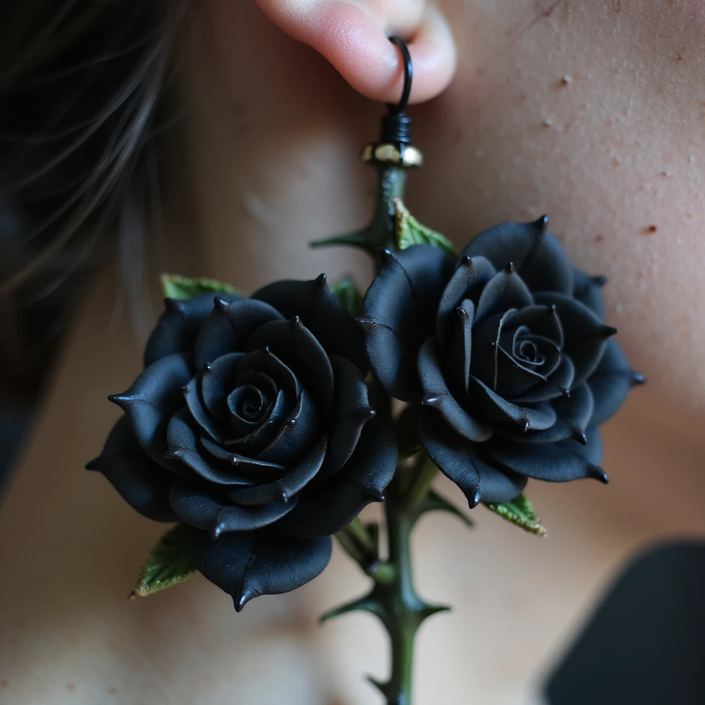 realistic goth earrings, black rose with thorn stem, lifelike petals, romantic gothic emoji