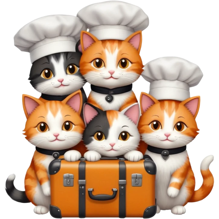 six cats in chef hats hugging a cat with a suitcase emoji