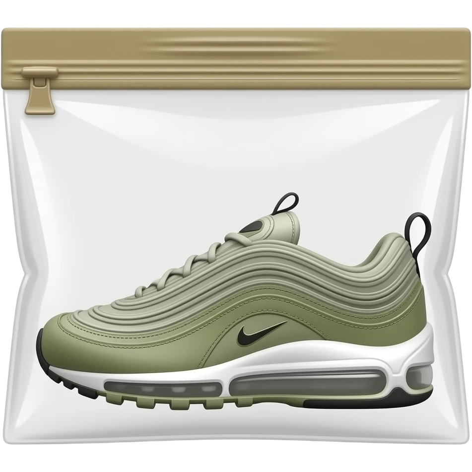 3D render of haki Nike Air Max 97 khaki sneaker profile inside clear vacuum zip-lock bag with tan liner. emoji