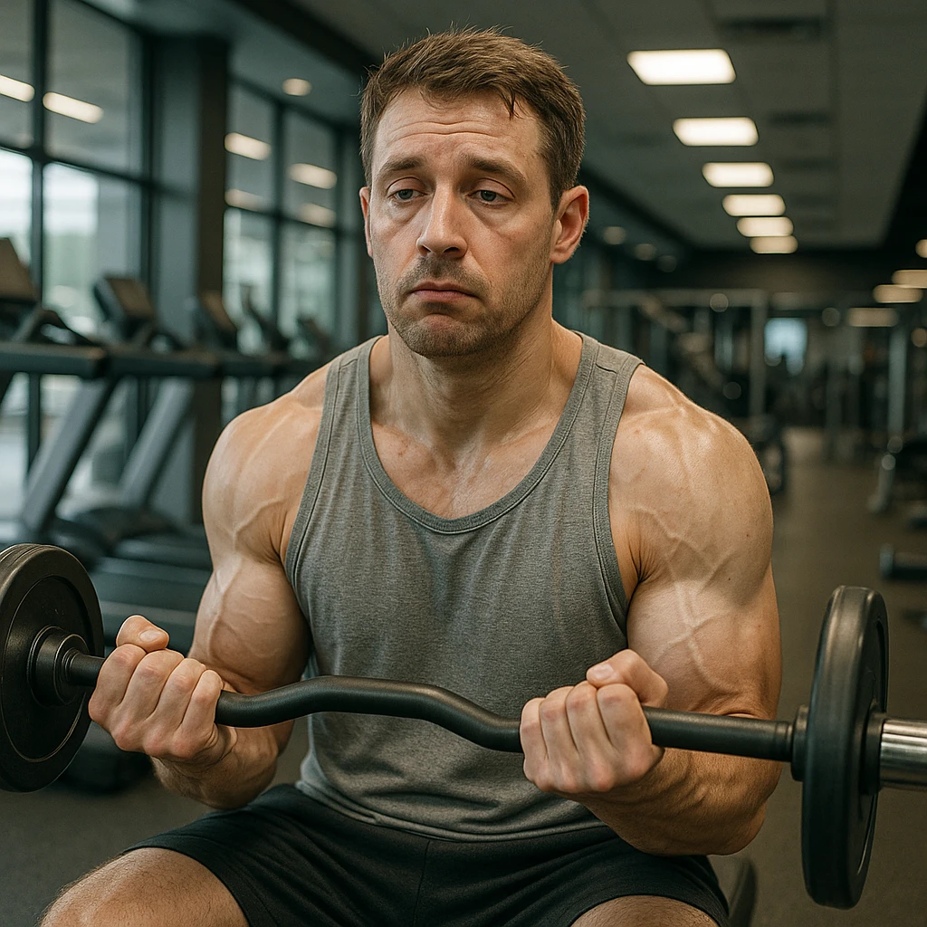 hyper realistic man doing high repetitions in gym, looking bored and unmotivated, anatomical details, atmosphere of wasting time, modern gym background emoji