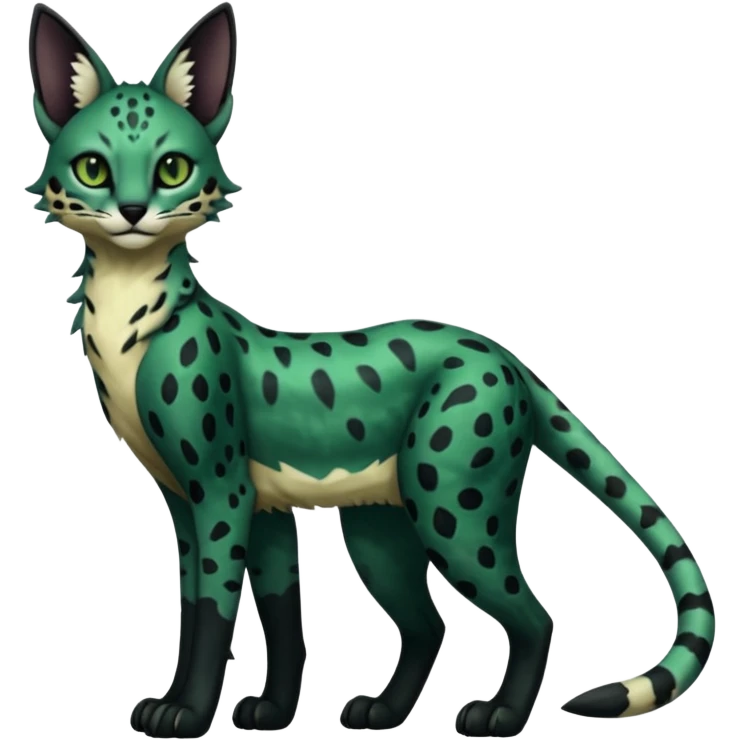 Epic complex detailed dark dusky gloomy deep gothic dark-deep-green, black, realistic Fakémon-Sprigatito-Floragato-Meowscarada-Trico-Sergal-Serval-Vernid-creature (full body) emoji
