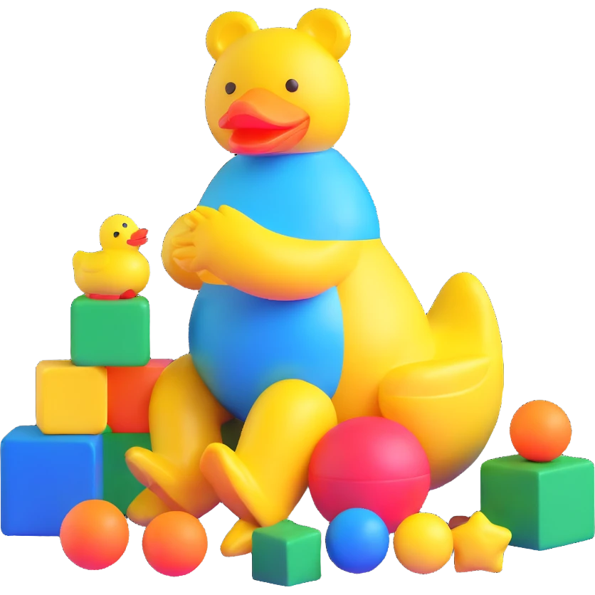 bright playful toys scattered - blue teddy bear, yellow rubber duck, colorful building blocks, rainbow ball, cartoon action figure emoji