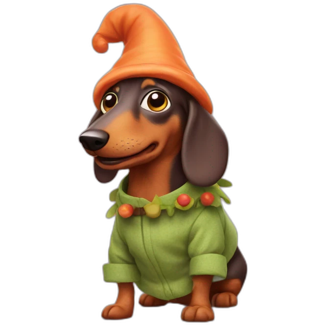 Sausage dog dressed as a troll emoji