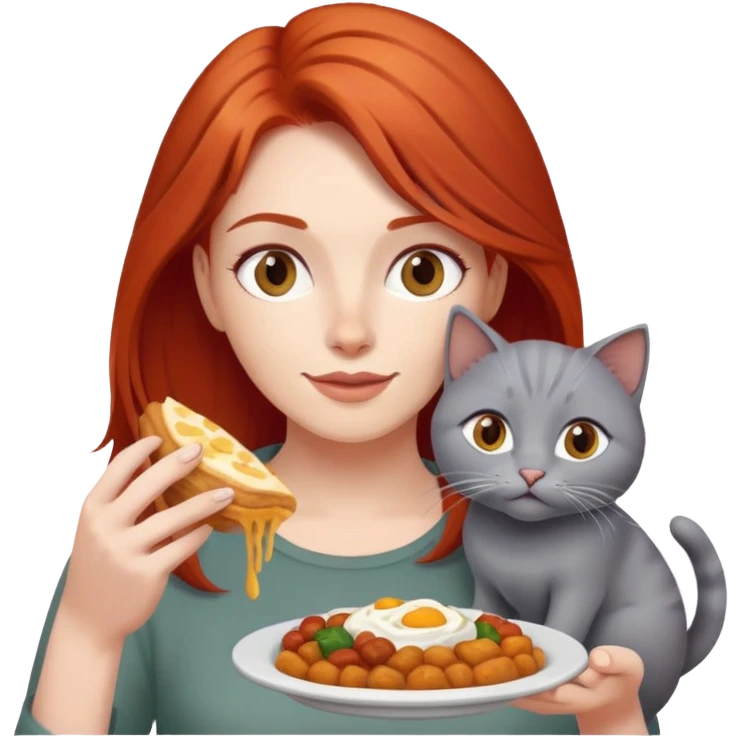 Red haired Woman sharing food with 1 grey cat emoji
