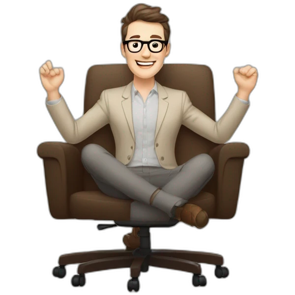 Joyful Celebrating victory Hands up Pale skinned Fit Man With dark brown hair in gray jacket, beige office shirt, Brown pants and vintage glasses sitting In a soft chair emoji