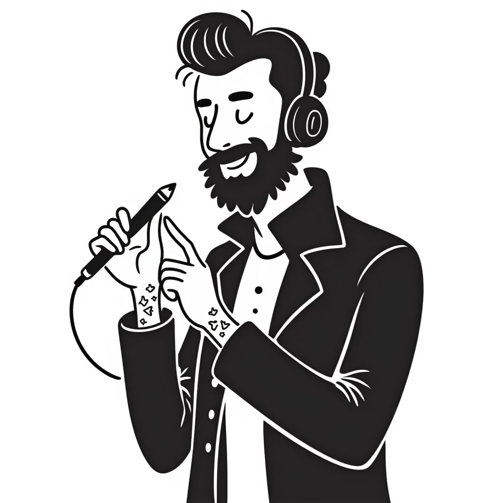 pop rock musician with well-groomed stylish beard, arm tattoos, headphones on ears, smiling confidently, holding microphone in one hand and pencil in other hand emoji