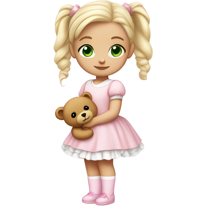 Little  babygirl with White skin, green eyes. Light blonde hair in two ponytails, with light pink bows.  She is wearing a light pink and White dress, holding a teddybear with a pink bow. emoji