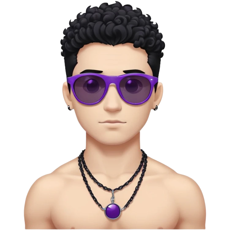 shirtless male athlete with white skin and moderately curly black hair on top with shaved sides, wearing purple sunglasses with very dark heavily tinted black lenses, and a simple plain black chain necklace with absolutely no pendant or decoration emoji