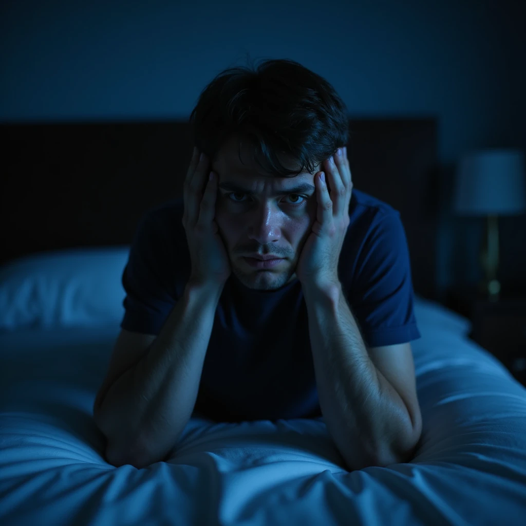 man holding his head in his hands, sitting on the edge of the bed in the middle of the night, face marked by anxiety and tiredness, dark room with soft blue light, realistic hyperrealistic details, 4K quality emoji