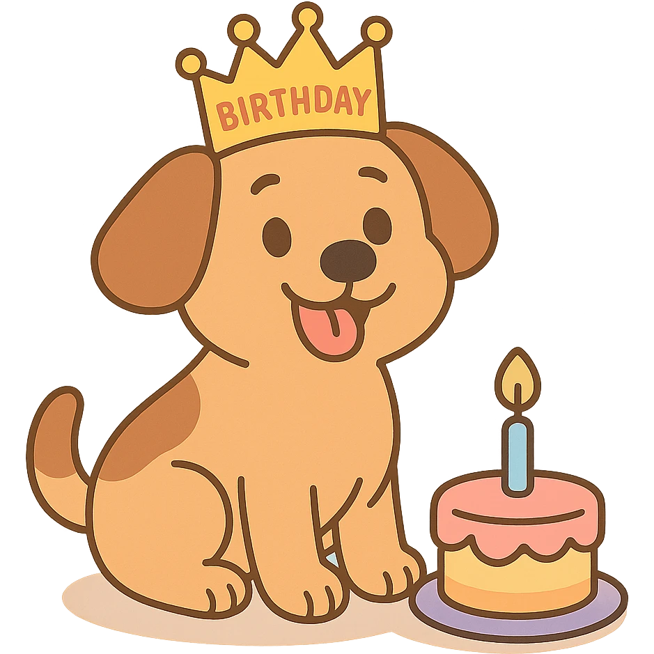puppy with a birthday crown sitting beside a mini cake, pastel-toon style emoji