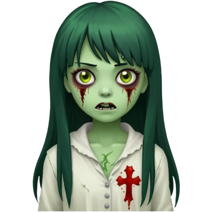 uma garota zumbi assustadora da pele verde e com cabelo preto longo com franja e a roupa branca emoji