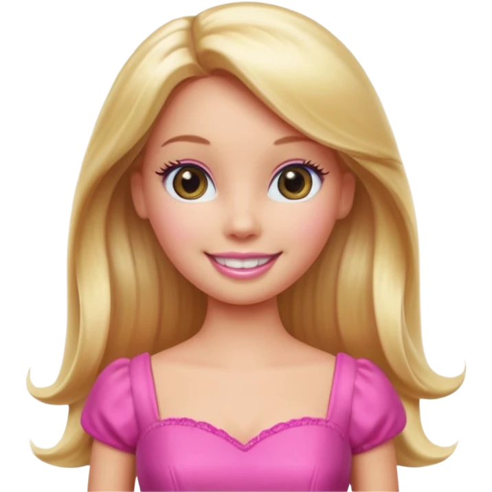 A Barbie-inspired Apple emoji character, big shiny emoji eyes, long blonde hair, wearing a pink dress, smiling, 3D Apple emoji style, clean white background, soft shading. emoji