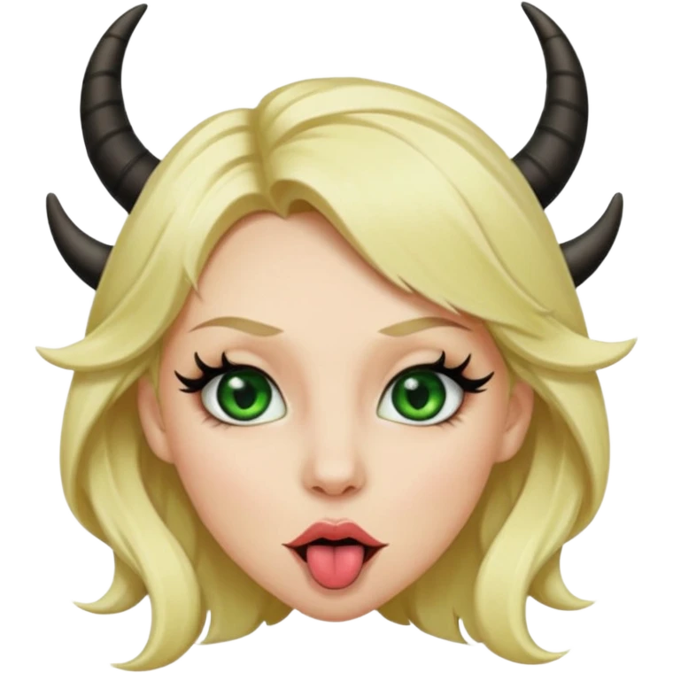 Emoji femme blonde habillée en noir cheveux blond, yeux vert avec de long cils noir qui tire la langue et à des cornes  emoji