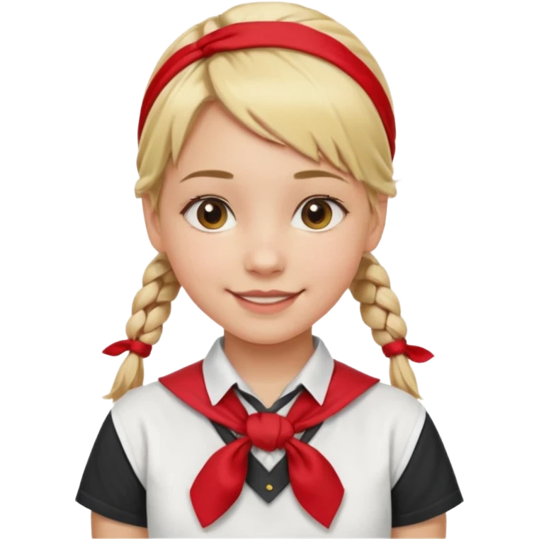A Soviet pioneer girl emoji — smiling young girl with blonde hair tied into two short braids. She wears a white school shirt and a wide bright red pioneer neckerchief tied in a loose triangular knot at the chest (not a necktie) emoji
