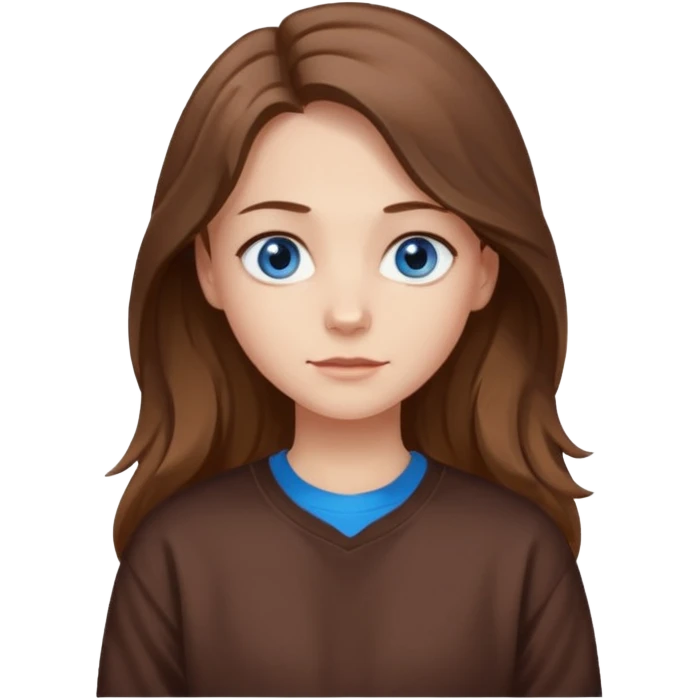 ЗГЕНЕРУЙ ОБЛИЧЧЯ ДІВЧИНИ З СВІТЛИМ, ТРОХИ ХВИЛЯСТИМ ВОЛОССЯМ, ОДЯГНЕНУ В ШОКОЛАДНИЙ СВІТШОТ, ПІД НИЗОМ ВИДНО  БІЛУ ФУТБОЛКУ. В НЕЇ ГОЛУБІ ОЧІ ТА ДОВГЕ ВОЛОССЯ emoji