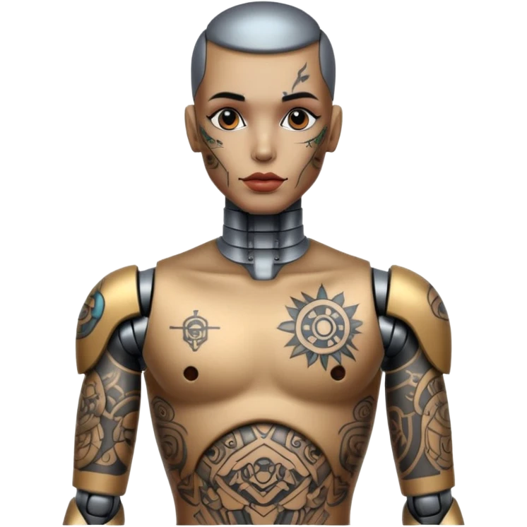 Tatooed robot, tatooes on chest, neck and face emoji
