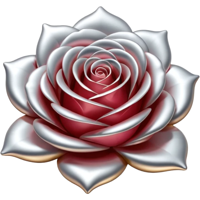 A rose emoji made of liquid silver metal, smooth metallic petals, reflective chrome surface, soft gradients, elegant shape, minimalistic iOS emoji style, centered, clean white background, realistic highlights, no text emoji