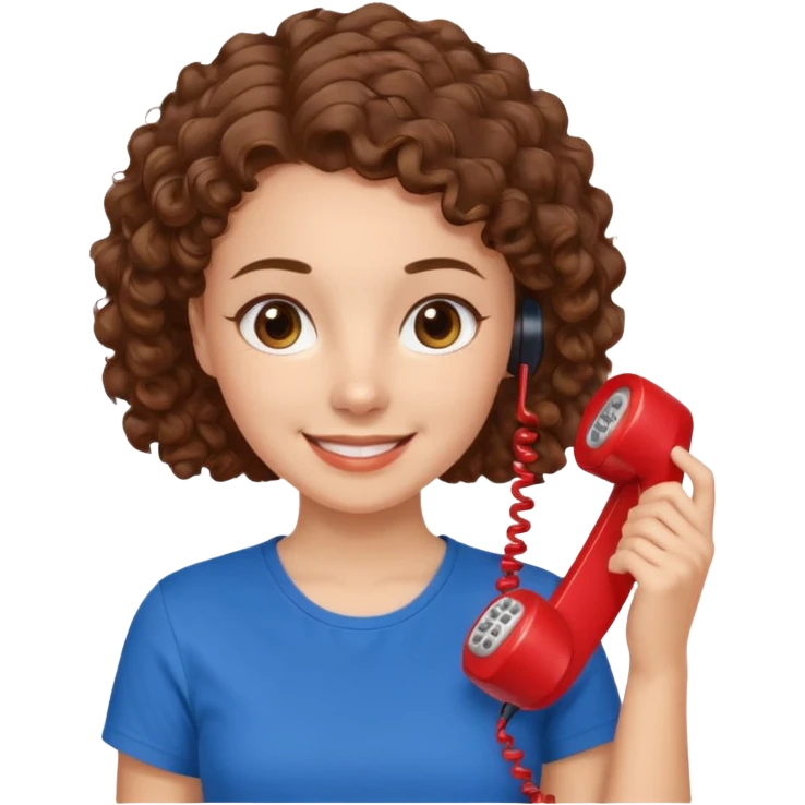 chica con piel blanca sonriendo, ojos marrones y pelo marrón atado con rulos con remera celeste. atendiendo un teléfono rojo emoji