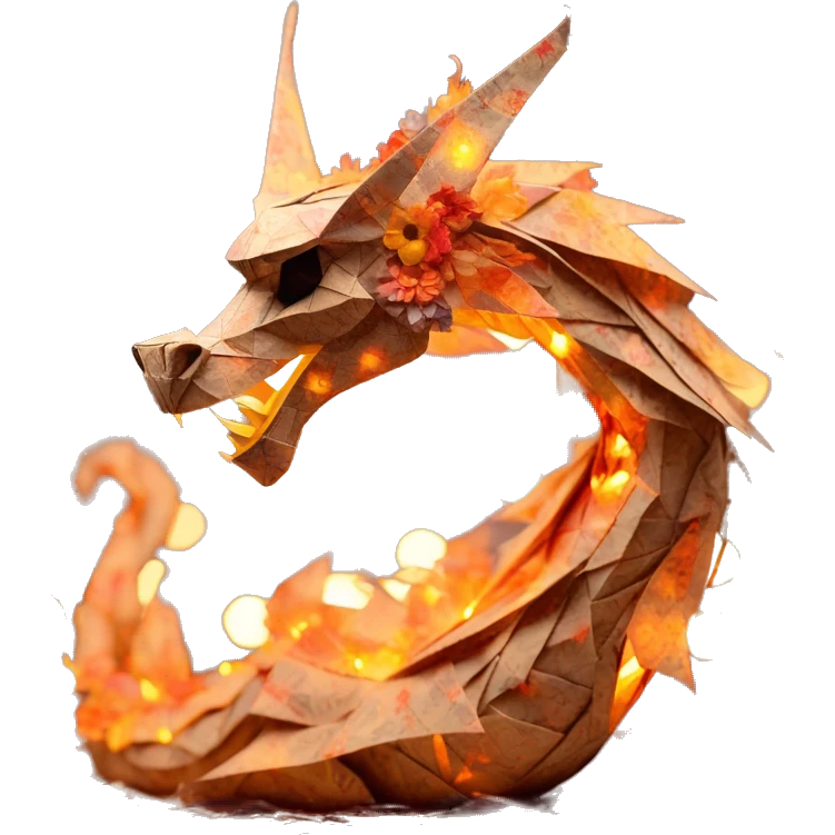 Charred flaming fiery Beige Origami dragon made of newspapers on fire letters on fire burnt paper surrounded by fairy lights swirls covered in dried flowers bokeh floral flowers fire flames emoji