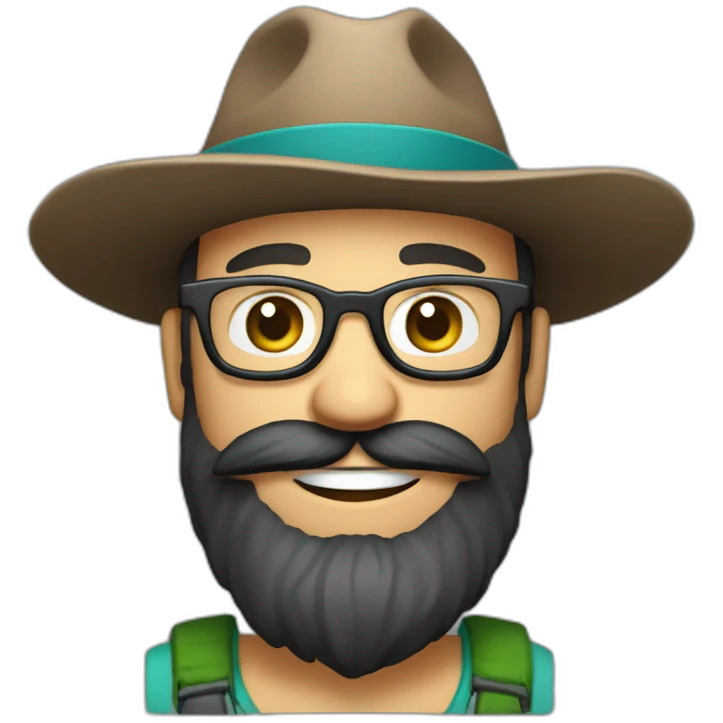 happy smile gardener face long dark beard and bald dark hair round glasses brown eyes and a hat emoji