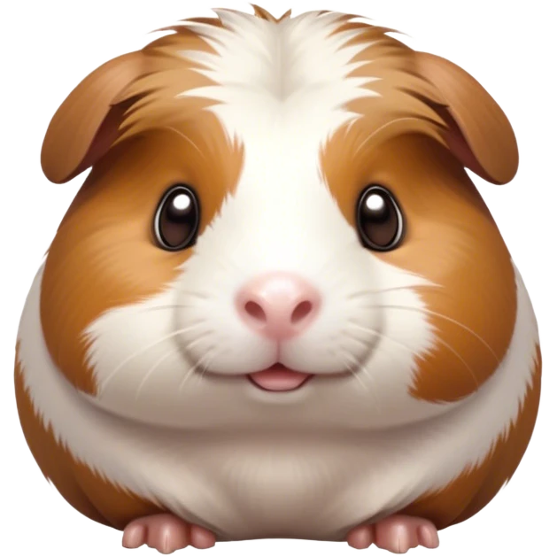 Cinematic Cute Brown and White Banded Guinea Pig Portrait Emoji, Head tilted playfully and inquisitively, showcasing a fluffy fur with playful brown and white banded patterns, round, sparkling dark eyes filled with curiosity, Simplified yet irresistibly adorable features, highly detailed, glowing with a warm, friendly glow, high shine, affectionate and spirited, stylized with a touch of whimsy, bright and endearing, soft glowing outline, capturing the essence of a mischievous yet loving guinea pig, so playful it feels like it could dash out of the screen and into your arms! emoji