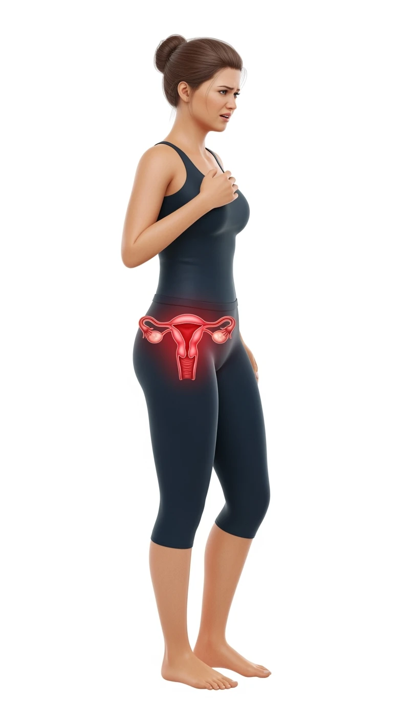 DONNA DI PROFILO A FIGURA INTERA CON UTERO ANATOMICO REALISTICO IN EVIDENZA, CON ESPRESSIONE DI DOLORE IN VOLTO PERCHé SOFFRE DI CISTITE, SFONDO BIANCO emoji
